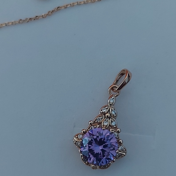 Amethyst Pendant Necklace Decorated With CZ, 23 in - Picture 4 of 7